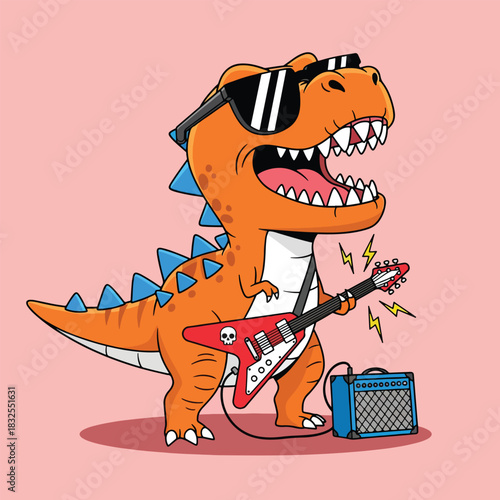 Cool cartoon TRex dinosaur rocking out with electric guitar sunglasses and amplifier.