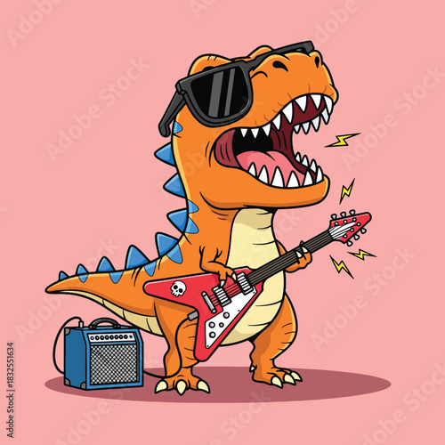 Cool cartoon TRex dinosaur rockstar playing electric guitar with sunglasses.