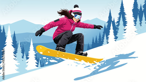 Dynamic female snowboarder caught mid-air, performing an exciting jump over fresh powder on a vibrant winter mountain landscape. Thrilling extreme sports illustration