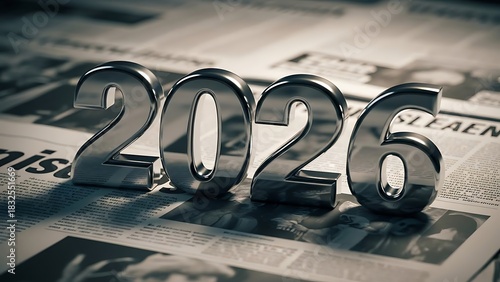 Shiny metallic 2026 numbers casting shadows on a textured background of old newspapers and printed text