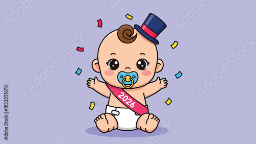 Cute cartoon baby celebrating New Year 2026 with top hat pacifier and confetti 1.