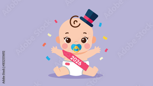 Cute cartoon baby celebrating New Year 2026 with top hat pacifier and confetti.