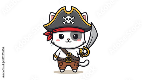 Cute cartoon cat pirate character holding a sword and wearing a skull and crossbones hat.