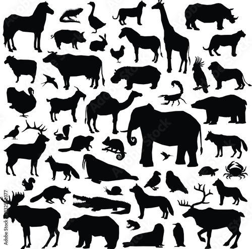 Set of diverse collection of animal silhouettes including wild, farm, and domestic species, arranged together in a bold black graphic style on a clean background.