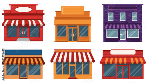 Flat design vector illustration collection of various commercial shop fronts. Set of cute cartoon retail store buildings A