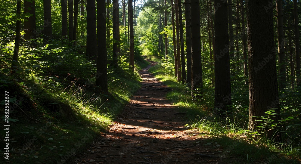 Fototapeta premium Sunlit Path Through a Dense Forest - Natures Serene Walkway.