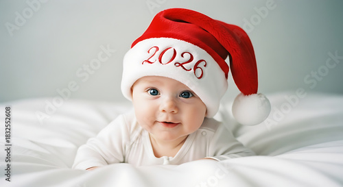 Red Santa Hat on Infant Lying on White Bedding