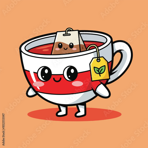 Cute cartoon teacup character with a happy teabag inside hot beverage.