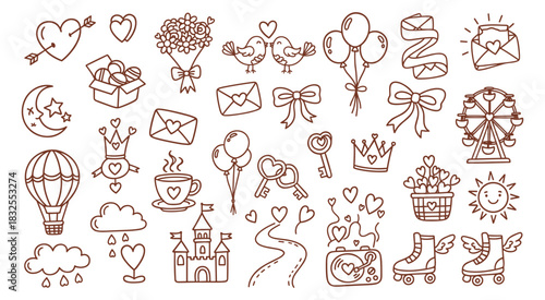 Hand-drawn romantic love doodle icons set featuring hearts, balloons, gifts, birds, and castles, perfect for Valentine's Day celebrations, wedding invitations, and greeting card designs, expressing
