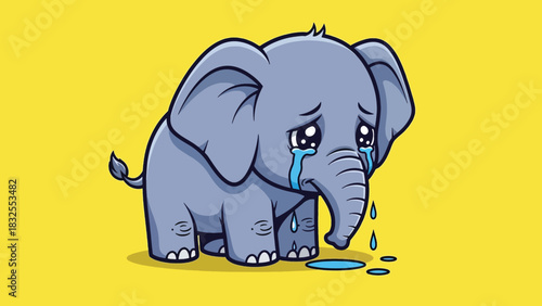 Cute Sad Baby Elephant Crying with Tears.