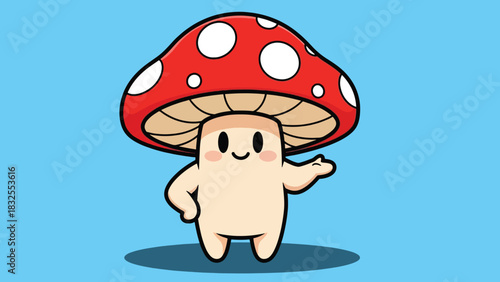 Friendly cartoon mushroom character with a vibrant red cap and white spots waving hello.