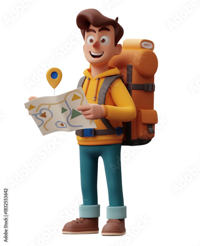 Smiling 3d character traveler holding a map with a location pin, planning a journey. isolated on transparent background