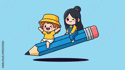 Happy cartoon children riding a giant blue pencil smiling and waving.