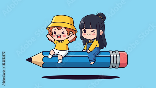 Happy cartoon girls sitting on a giant blue pencil cute illustration.