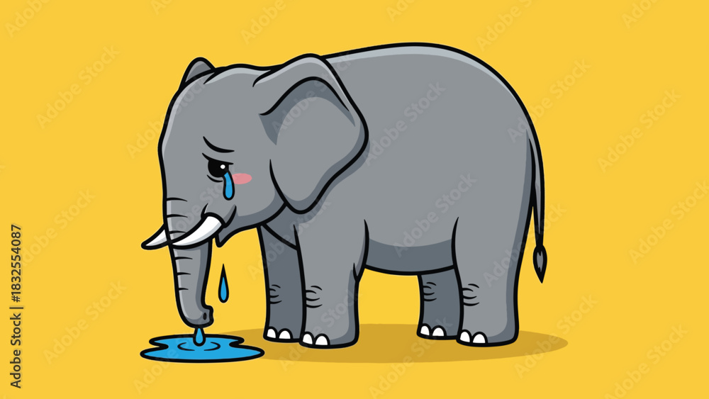 Fototapeta premium Sad cartoon elephant crying with tears forming a puddle.