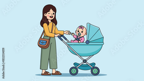 Happy mother pushing her baby in a blue stroller a joyful family moment illustration.