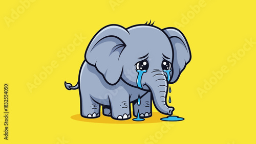 Sad cartoon baby elephant crying with tears illustration.
