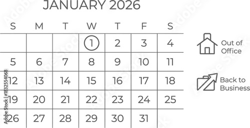 January 2026 Calendar with New Year Holiday and Back to Business Icons