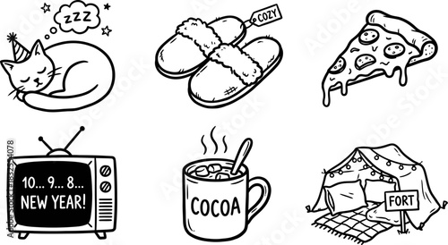 Cozy Staycation Black and White Doodle Icons Set