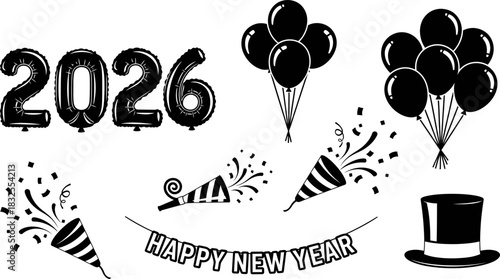 Happy New Year 2026 Celebration Silhouette Icon Set