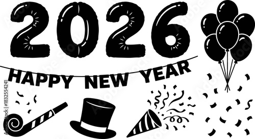 New Year 2026 Party Celebration Silhouettes Vector Set