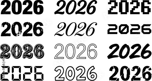 2026 Year Number in Twelve Different Font Styles Vector Set
