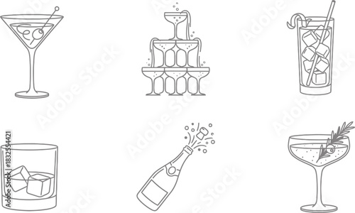 Outline Cocktail and Celebration Drink Icons Set