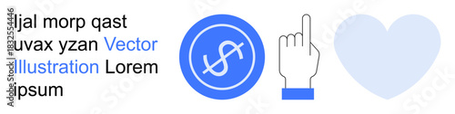 Finance, interaction, online transactions, communication, web design, user interface. Circular currency symbol, pointing hand heart shape displayed. Finance and online transactions illustrated