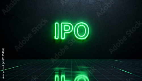 Neon Green IPO Sign Glowing in Dark Retro Futuristic Cyberpunk Environment