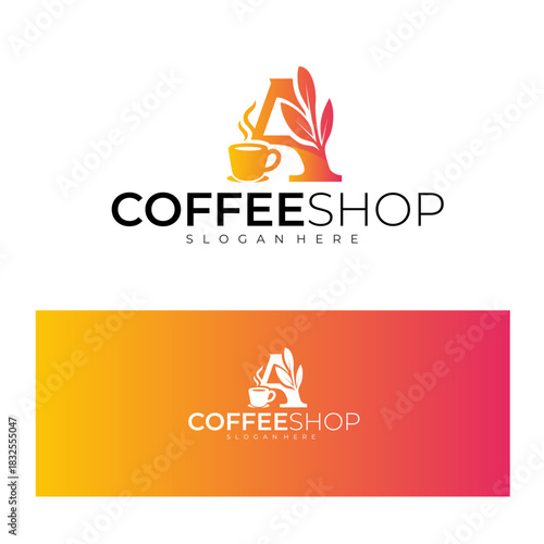 modern letter A woth leaves and coffee cup for coffee shop logo design