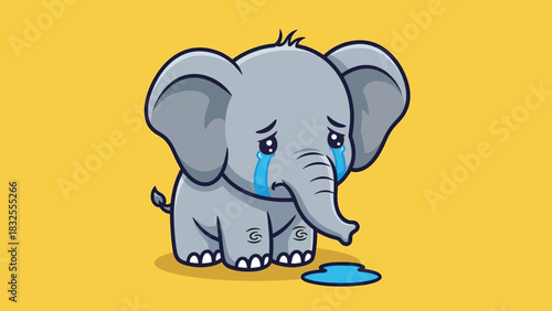 Adorable sad baby elephant cartoon character crying with big tears.