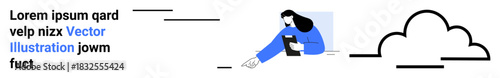 Cloud technology, data connection, digital workspace, online storage, information sharing, remote access. Person holding a device near a cloud symbol. Cloud technology and data connection concept