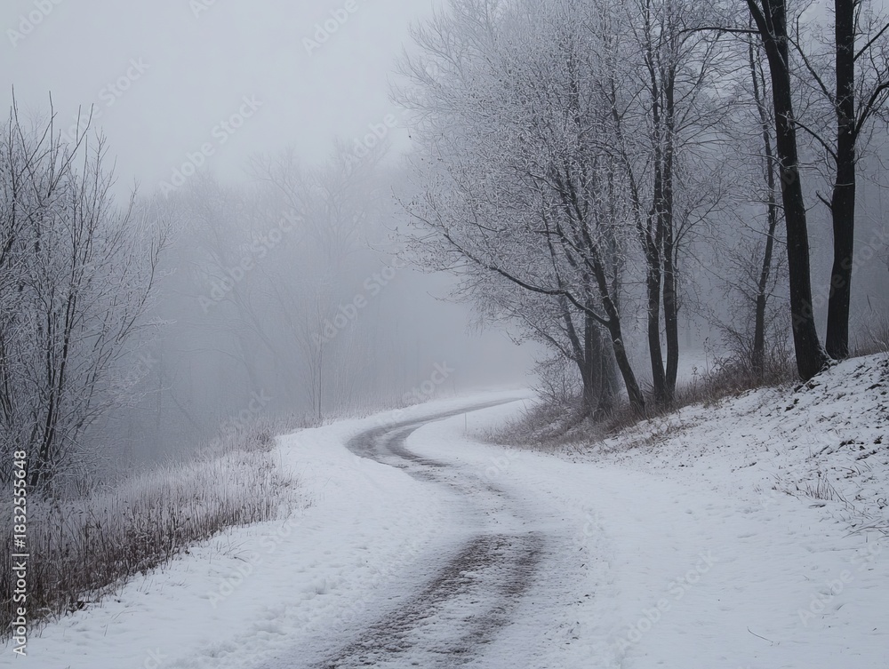 Fototapeta premium Winding snowy path through frosted trees in a misty landscape