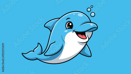 Cute blue cartoon dolphin swimming with bubbles happy marine animal character.
