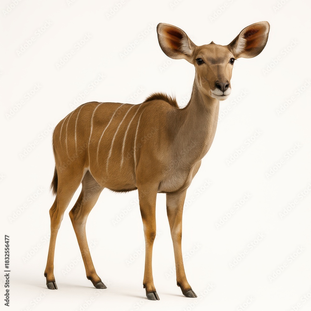 Fototapeta premium Female greater kudu antelope standing in three quarter view on pure white background