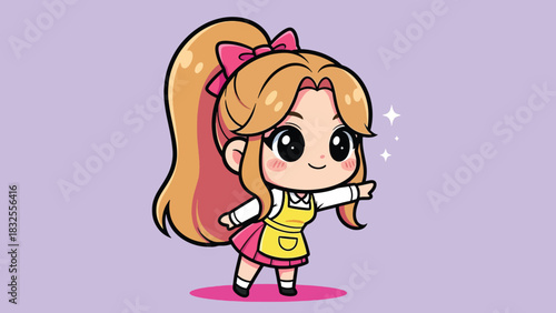 Cute cartoon girl with blonde ponytail and yellow apron smiling and pointing.