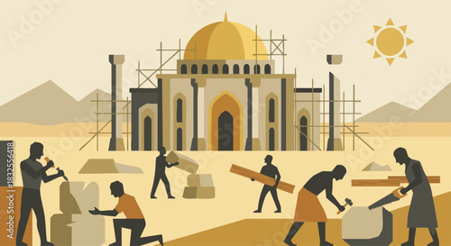 Solomon Builds the Temple, bible
Workers in geometric silhouettes shaping large stones and beams, stylized temple structure rising behind them, muted gold and stone tones.