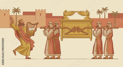 David Brings the Ark to Jerusalem
David dancing in front of the Ark carried by priests, stylized geometric shapes for the Ark’s poles, muted gold, warm clay colors, clean rhythmic composition. bible 