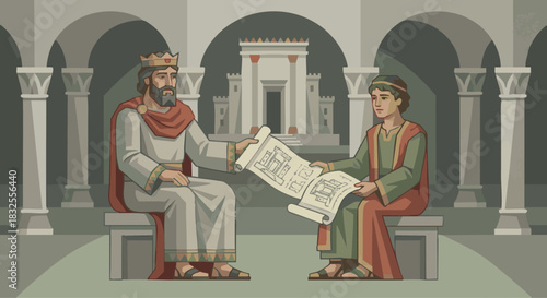David’s Plans for the Temple
David handing temple blueprints to Solomon, stylized scroll shapes, geometric robes, muted stone palette, calm symmetrical layout. bible 