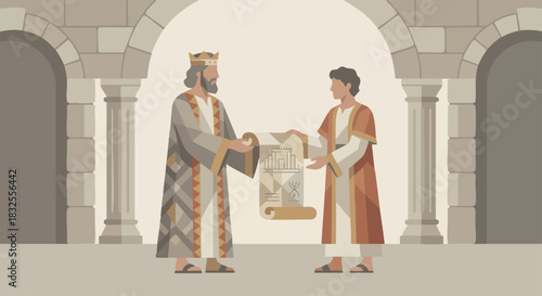 David’s Plans for the Temple
David handing temple blueprints to Solomon, stylized scroll shapes, geometric robes, muted stone palette, calm symmetrical layout. bible 