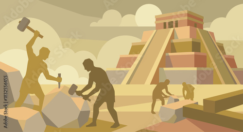 Solomon Builds the Temple, bible
Workers in geometric silhouettes shaping large stones and beams, stylized temple structure rising behind them, muted gold and stone tones.