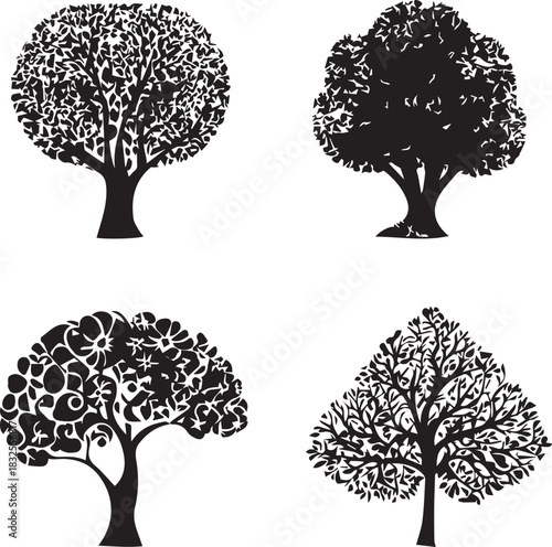 Big Highly four trees silhouette set on white background