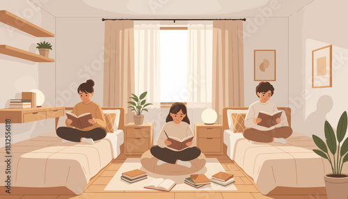 Students Reading in a Cozy Dorm Room Focus on Learning and Education