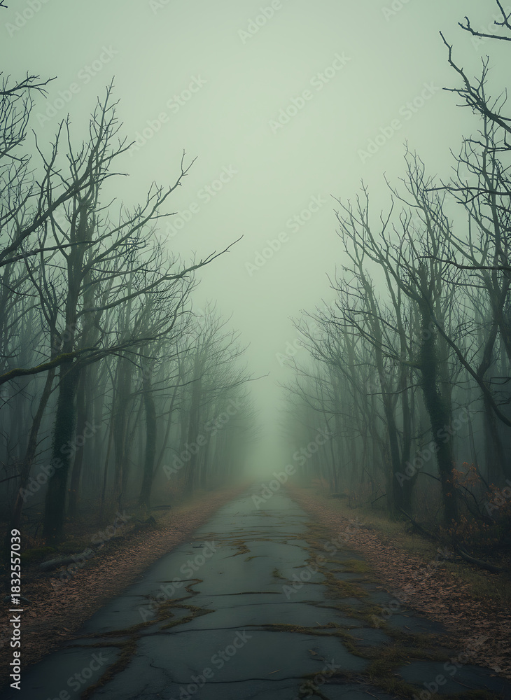 Naklejka premium A cracked, desolate road vanishes into a dense, foggy forest lined with bare, leafless trees.