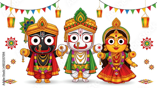 Jagannath festive cartoon artwork showing vibrant deities with colorful traditional attire joyful expressions decorative lanterns rangoli elements cultural celebration spiritual atmosphere bright back