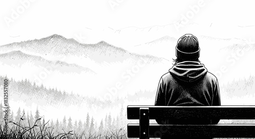 A lone figure sits on a rustic bench, gazing across a serene, mist-shrouded mountain range and dense forest in a striking black and white illustration.