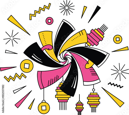 A dynamic graphic illustration of a swirling festive pinwheel with Chinese lanterns coins and fireworks.
