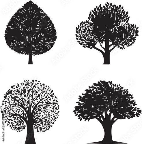 Big Highly four trees silhouette set on white background