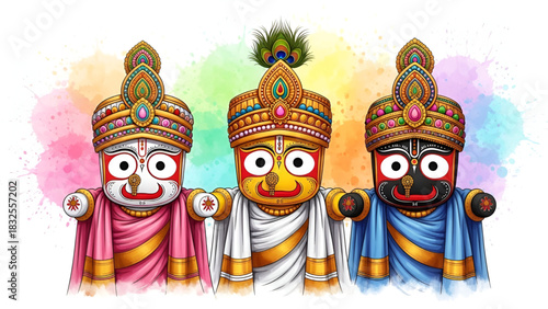 Jagannath deity artwork showing vibrant divine idols with colorful traditional ornaments expressive faces spiritual presence cultural heritage festive atmosphere bright background artistic sacred 