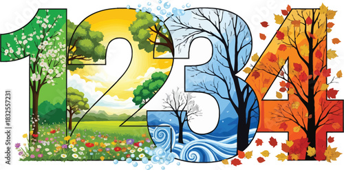 Artistic numbers 1 2 3 and 4 depicting the four seasons with vibrant spring summer autumn and winter landscapes.